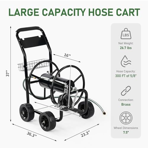 VINGLI 4-Wheel Garden Hose Reel Cart with Storage Basket, Portable Residential Hose Reel Cart, Lawn Watering, for Garden Backyard and Farm - color: Black 300ft -4 Wheel