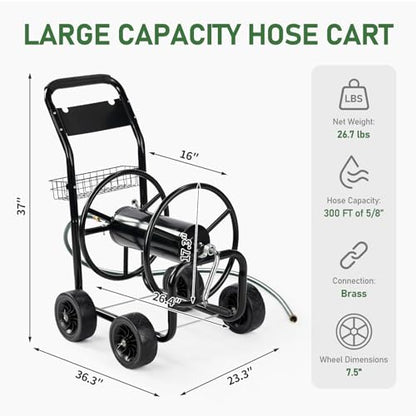 VINGLI 4-Wheel Garden Hose Reel Cart with Storage Basket, Portable Residential Hose Reel Cart, Lawn Watering, for Garden Backyard and Farm - color: Black 300ft -4 Wheel