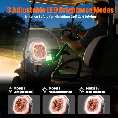 Roykaw 48Hrs Golf Cart Misting Fan, 2-in-1 Large Golf Cart Fan & Camping Fan w/ 2 Spray Modes/4 Powerful Speeds/3 Ultra-Bright LED Lights/Oscillation, with Detachable Base & Cup Holder for Golf Cart
