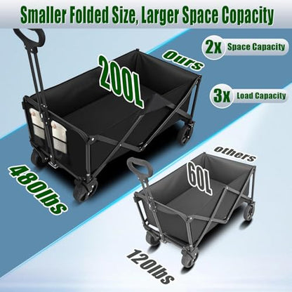 Collapsible Wagon Cart Foldable 37" L 480lbs Capacity, Heavy Duty Beach Wagon, Shopping Carts with Wheels for Grocery, Camping, Shopping, Fishing, Garden Cart - size: 200L