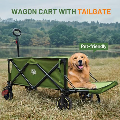 Timber Ridge 49" Extra Long Collapsible Folding Wagon with Tailgate&Brakes - color: Green, size: 250L