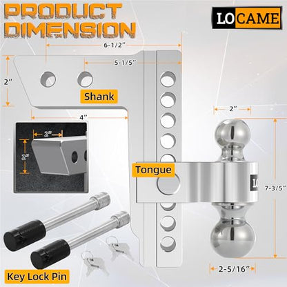 LOCAME Adjustable Trailer Hitch, Fits 2-Inch Receiver, 8-Inch Drop/Rise Aluminum Drop Hitch, 12,500 LBS GTW-Tow Hitch for Heavy Duty Truck with Double Stainless Steel Locks, Silver, LC0004 - color: Silver, size: 2" 8drop