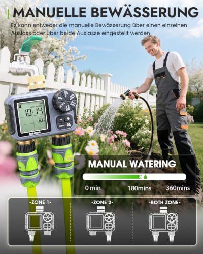 Insoma 2-Zone Sprinkler Timer Brass Inlet/Outlet, Water Hose Timer with Auto/Manual Modes + Rain Delay | Big LCD Dispay | Hose Timers for Garden, Yard Lawn, IPX5 Waterproof & Save Water - size: 2 Zone-V2.0-Brass