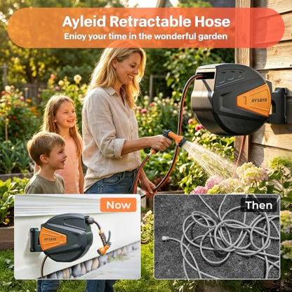 Ayleid Retractable Rubber Hybrid Garden Hose Reel, 1/2"x130ft Wall Mount - color: Deep Black, size: 130FT