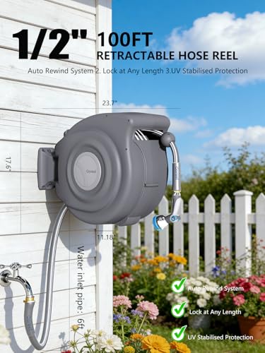 Retractable Garden Hose Reel 1/2 in x 100 ft Heavy Duty Automatic Water Hose Reel with 10-Function Sprayer Nozzle Kink-Free Auto Rewind Any-Length Lock 180° Swivel UV Resistant - Dark Gray - color: Dark Gray, size: 1/2 in x 100 ft