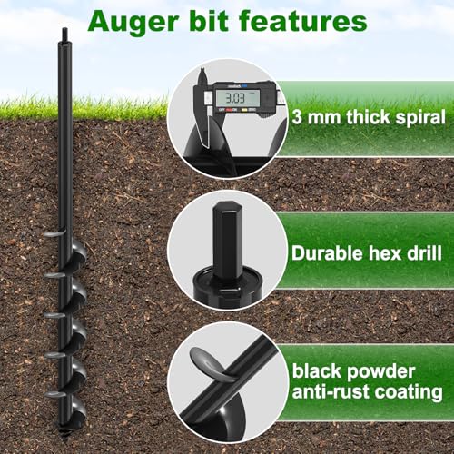 Insaga Auger Drill Bit for Planting 3″ x 32″– Heavy Duty Carbon Steel Spiral Garden Auger for Drill, 3/8″ Hex Drive Plant Auger for Bulbs & Seedlings – 32″ Long Reach Reduces Bending - size: 3″ x 32″