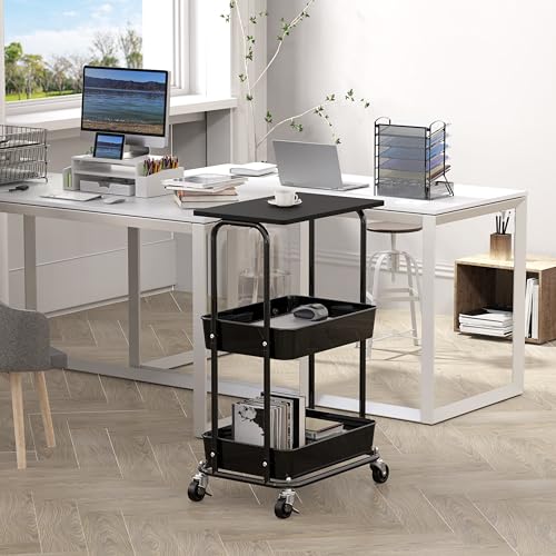 Simple Houseware 2-Tier Rolling Utility Cart Wood Top/Lockable Wheel, Black - color: Black