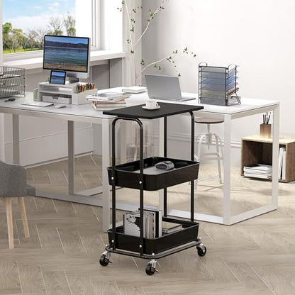 Simple Houseware 2-Tier Rolling Utility Cart Wood Top/Lockable Wheel, Black - color: Black