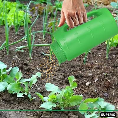 Superio Lawn Seed Spreader, Handheld Shaker for Lawn Seeds, Ice Melt Salt, Calcium, Deicer, Weed and Feed Spreader, 2 Liter, Adjustable Hole Size, with Cut Out Handle - color: Green
