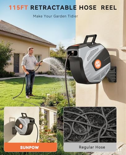 SUNPOW Retractable Garden Hose Reel - 1/2 inch x 115ft Heavy Duty Wall Mounted Hose Reel with 3/4 inch Brass Fitting & 10 Sprayer Nozzle - Any Length Lock, Auto Rewind System, 180°Swivel Bracket- Grey - size: 1/2'' 115FT