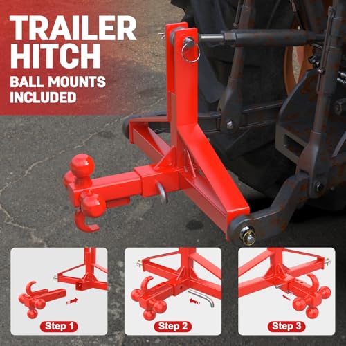 3 Point Trailer Hitch with 2” Receiver, Tri-Ball Hitch for Cat.1 Tractors - color: Red