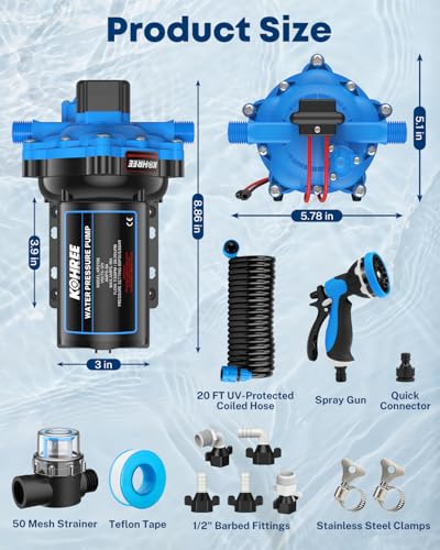 Kohree 12V DC Washdown Pump Kit - 7.5GPM 80PSI, Self-Priming, High Flow