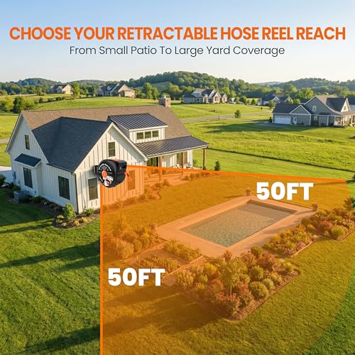 Retractable Garden Hose Reel, 50ft x 1/2", Wall Mounted, 10-Pattern Nozzle - size: 50FT