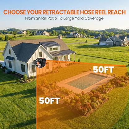 Retractable Garden Hose Reel, 50ft x 1/2", Wall Mounted, 10-Pattern Nozzle - size: 50FT
