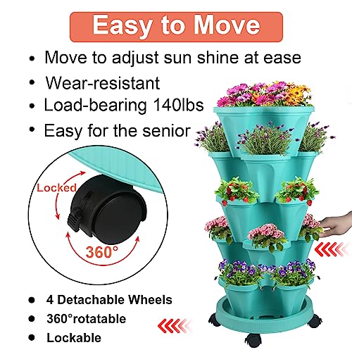 DUNCHATY Stackable Vertical Garden Planter with Wheels, 5 Tier Herb Planter Pots for Growing Vegetables and Succulents, Teal - color: Teal, size: 5Tier-1 Pack