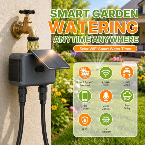 Mcbazel Solar & Type-C Charging WiFi Water Timer for Garden Hose, Smart 2-Zone Sprinkler Controller with App & Voice Control, Programmable Irrigation System with Auto & Manual Modes for Yard