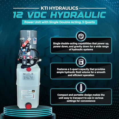 KTI Hydraulics 12V Dump Trailer Hydraulic Pump Power Unit w/ Single Double Acting, 3 Quart