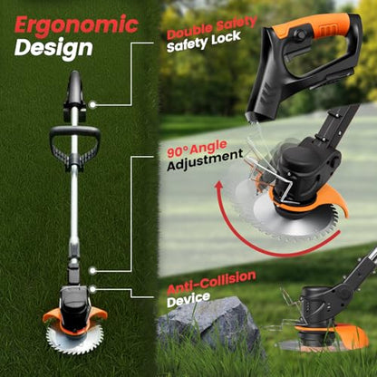 Cordless Weed Wacker 24V, 2 x 4.0Ah Battery Powered Weed Eater with Wheel - color: Black