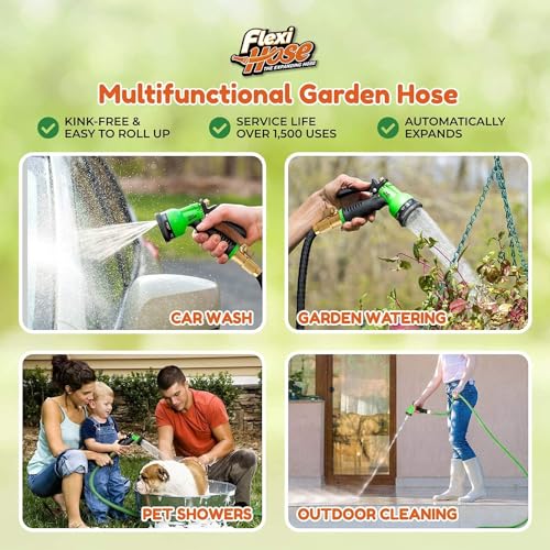 Flexi Hose with 8 Function Nozzle, 150FT - Lightweight Expandable Garden Hose, No-Kink Flexibility, 3/4 Inch Solid Brass Fittings and Double Latex Core - size: 150ft