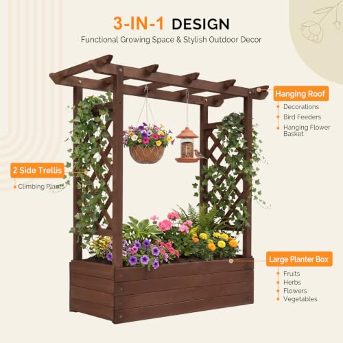 VINGLI 45 in Raised Garden Bed with Trellis & Hanging Roof, Wooden Elevated Planter Box with Drainage Holes for Outdoor Climbing Plants Vegetables Flowers, Patio Yard Balcony (Carbonized Wood, Medium)