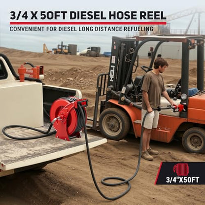 Fuel Hose Reel 3/4" x 50FT, Retractable Diesel Reel with Nozzle - color: Red, size: 3/4 inch 50FT
