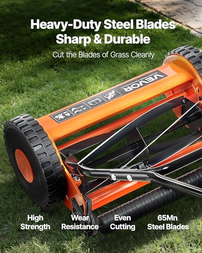 VEVOR Push Reel Lawn Mower 14 inch, 5 Blades Manual Push Mower No Motor, 0.6-1.75 in Adjustable Cutting Height, Walk-Behind Lawn Mowers with Grass Catcher Bag for Green Lawns, Driveways, Courtyards - size: 14 inch