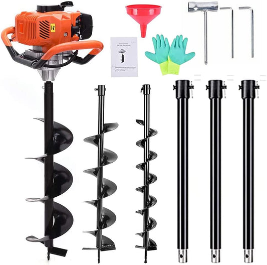62cc Post Hole Digger Gas Powered Earth Digger 3 Bits + 3 Rods | 2-Stroke Petrol 3 Auger Bits (3" 5" 8") + 3 Extension Bar (24" 24" 24") for Farm Garden Plant Fence and Planting - size: 62cc+3 auger(3"5"8")+3 Ext(24"24"24")