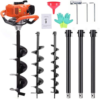62cc Post Hole Digger Gas Powered Earth Digger 3 Bits + 3 Rods - size: 62cc+3 auger(3"5"8")+3 Ext(24"24"24")