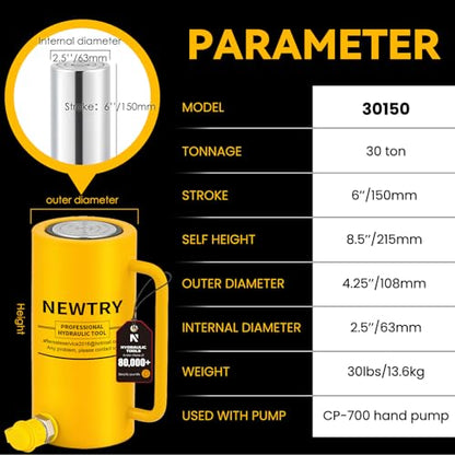 NEWTRY 30T Long Stroke Hydraulic Ram Jack, 6" Porta Power with Auto Retract - size: 30T