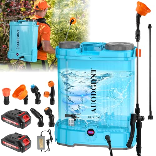 Battery Powered Backpack Sprayer 4.2 Gallon with Auto-Mixing System, Dual Battery System, Compatible with Makita 21V Battery, 2 Interchangeable Spray Wands (Stainless Steel & Fiberglass) for Garden - size: 4.2 Gallon