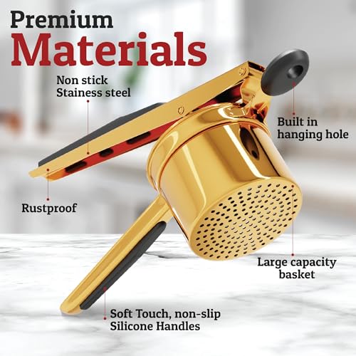 PriorityChef Large 15oz Potato Ricer, Heavy Duty Stainless Steel Potato Masher and Ricer Kitchen Tool, Press and Mash Kitchen Gadget For Perfect Mashed Potatoes - Everytime, Gold and Black - color: Gold