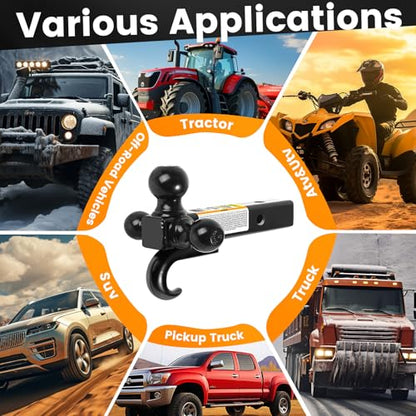 MaxxHaul Triple Ball Mount Hitch with Tow Hook, Fits 2" Receiver – 1-7/8", 2", 2-5/16" Welded Hitch Balls, Class III/IV, 10,000 lb GTW, Heavy-Duty Powder-Coated Steel – 50231 - style: Triple Ball Mount with Hook Hollow Shank, Black