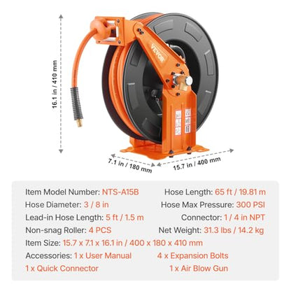 VEVOR Retractable Air Hose Reel with Double Arms, 3/8 IN x 65FT Hybrid Air Hose Max 300PSI, Air Compressor Hose Reel with 5FT Lead in, Ceiling/Wall Mount Heavy Duty Steel Reel for Workshop Garage - size: 3/8 in x 65 ft