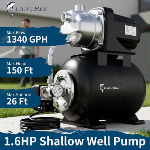 Lanchez 1.6HP Shallow Well Garden Pump, Stainless Steel Irrigation Pump, 1340 GPH, Automatic Water Booster Jet Pump for Home, Garden, Lawn,Irrigation, 115V, Matte black - color: Matte Black