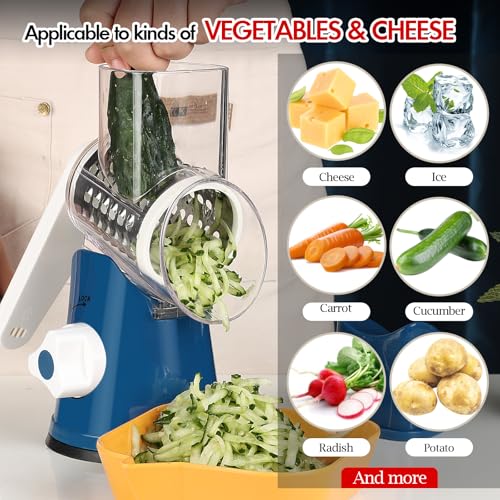 Ourokhome Rotary Cheese Grater Hand Crank, Kitchen Shredder Speed Mandolin Slicer Ice Shaver with Handle and Drum Blades for Cheese, Vegetable, Nuts, Chocolate, Potato, Carrot, 5 Blades, Dark Blue - color: C-Dark Blue, style: 5 blades