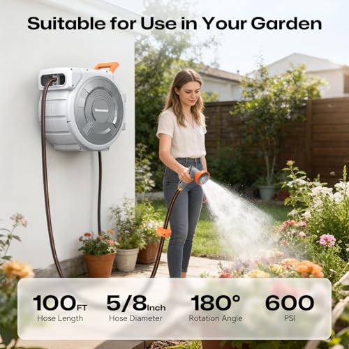 Retractable Garden Hose Reel, 5/8 Inch 100FT Wall Mounted Heavy Duty Garden Hose Reel with 9 Patterns Nozzle, Any Length Lock, Upgraded Slow Return System and 180°Swivel Metal Bracket (5/8" 100FT) - size: 5/8" 100FT