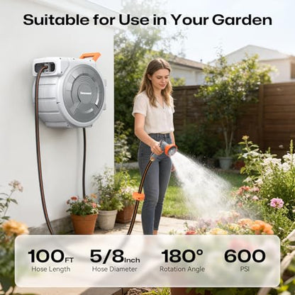 Retractable Garden Hose Reel, 5/8 Inch 100FT Wall Mounted Heavy Duty Garden Hose Reel with 9 Patterns Nozzle, Any Length Lock, Upgraded Slow Return System and 180°Swivel Metal Bracket (5/8" 100FT) - size: 5/8" 100FT