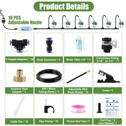 Kalolary 1/4" Drip Irrigation System, Garden Watering System with 16pcs Adjustable Copper Nozzles Automatic Atomizing Watering Sprinkler System for Yard Lawn Outdoor Irrigation