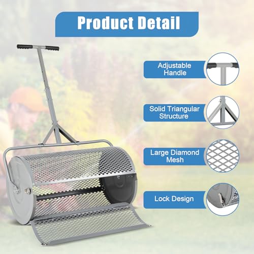Dollate Large Compost Spreader for Lawn, 27" Spreader with Adjustble Handle Used in Garden Backyard, Durable Roller Spreader for Yard Work Grey