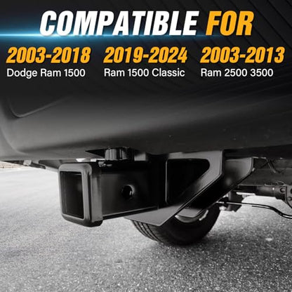 YZONA Tow Hitch 2 Inch, for Ram Hitch Trailer Kit, Class 3 III Rear Bumper Towing Receiver Compatible with 2003-2018 Dodge Ram 1500 & 19-24 Ram 1500 Classic & 03-13 Ram 2500 3500 Tow Combo with Cover - size: Ram Hitch
