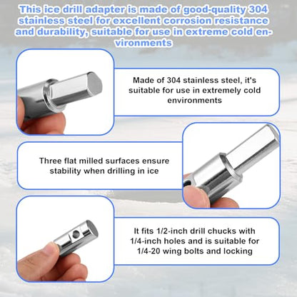 Ice Auger Drill Bit Adapter, Stainless Steel Ice Auger Drill Attachment Fit for 1/2 inch/ 1.27 cm & 1/4 inch/0.64 cm Holes Winter Fishing Tool Compatible with Strikemaster, Eskimo, etc