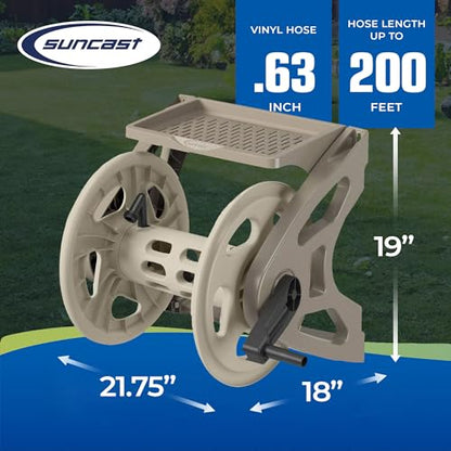 Suncast Handler Durable Hard Plastic Wall Mounted Outdoor Retractable Garden Hose Reel with Storage Tray and 200 Feet Hose Capacity, Taupe