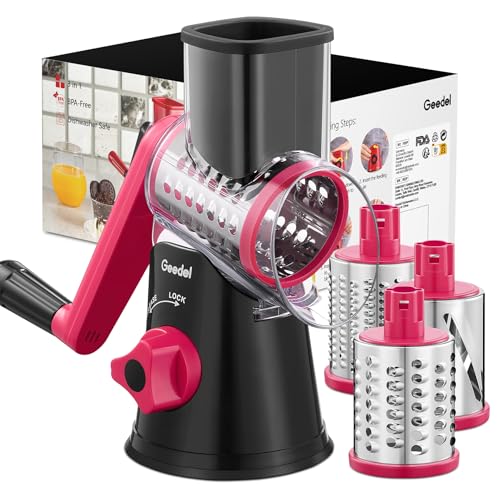 Geedel Rotary Cheese Grater Hand Crank, Cheese Shredder Vegetable Slicer - color: Rosy, style: 3 Blades