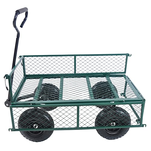Steel Garden Cart, 2-in-1 600 lbs Heavy Duty Utility Wagon, with Removable Mesh Sides to Convert into Flatbed, 240° U-Turn 10" Pneumatic Tires Garden Wagon for Farm Yard Lawn Garden Camping (green) - color: Green