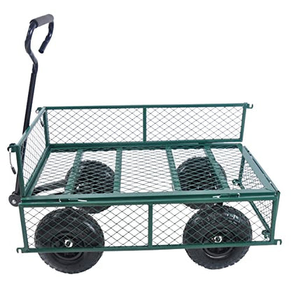 Steel Garden Cart, 2-in-1 600 lbs Heavy Duty Utility Wagon, with Removable Mesh Sides to Convert into Flatbed, 240° U-Turn 10" Pneumatic Tires Garden Wagon for Farm Yard Lawn Garden Camping (green) - color: Green