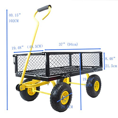 Steel Garden Cart, 2-in-1 600 lbs Heavy Duty Utility Wagon, with Removable Mesh Sides to Convert into Flatbed, 240° U-Turn 10" Pneumatic Tires Garden Wagon for Farm Yard Lawn Garden Camping (Yellow) - color: Yellow