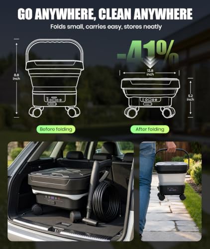 Portable Electric Cleaning Washer with Tank, 3.4 Gal Foldable Tank, Portable Cordless Cleaning Tool with 360° Nozzle, 23FT Hose for Camping Trips, Patio Furniture, Bike Washing, and Pet Bathing