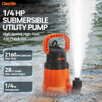 Cleartide Submersible Utility Water Pump, 2160 GPH Portable Sump Pump with Copper Motor, Plug and Work for Pond, Garden Watering, Pool Transfer, or Hot Tub Emptying - style: 1/4 HP Sump Pump