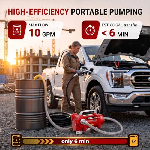TOPWAY 12V Fuel Transfer Pump Kit, 10 GPM Self-Priming Diesel & Gasoline Pump, Explosion-Proof Portable Fuel Pump with Fuel Nozzle, Hose & Carry Case for Tractor, Truck, Cars