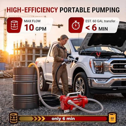 TOPWAY 12V Fuel Transfer Pump Kit, 10 GPM Self-Priming Diesel & Gasoline Pump, Explosion-Proof Portable Fuel Pump with Fuel Nozzle, Hose & Carry Case for Tractor, Truck, Cars